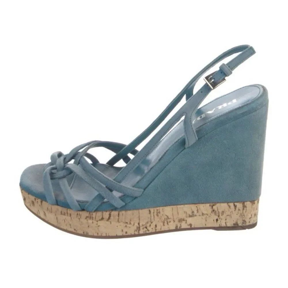 prada authentic Blue Suede Leather High Heel Wedge Slingback Sandals 6